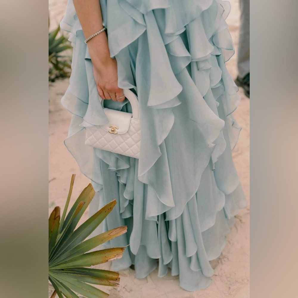 Mac Duggal Blue Halter Neck Open Back Trapeze Ruffle Gown in Mint - Picture 5 of 6